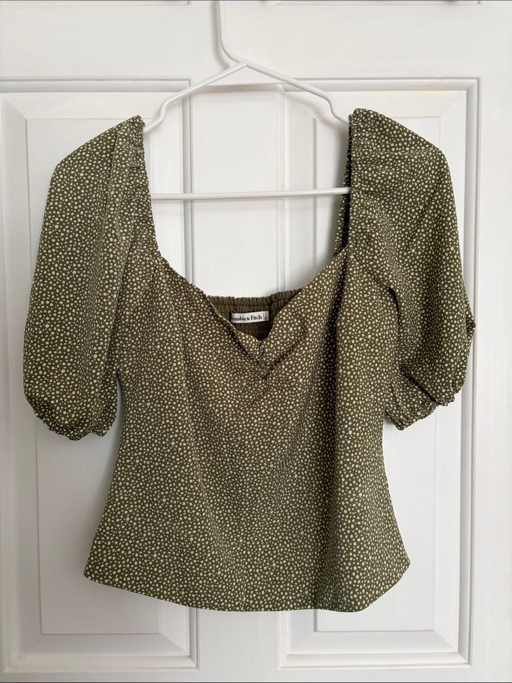 Abercrombie & Fitch Olive Green Dot Puff-Sleeve Square Neck Blouse